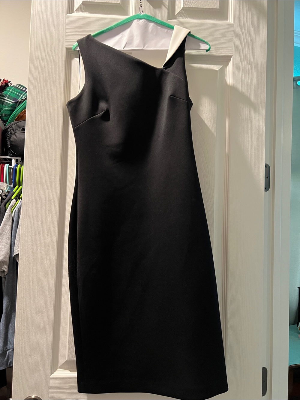 Calvin Klein Black One-Shoulder Sheath Dress with White Trim